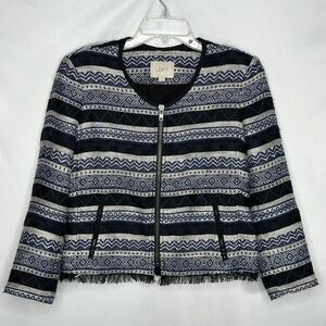 Ann Taylor Loft Blue Black‎ Tweed  Aztec Print Fringe Zip Sz 8